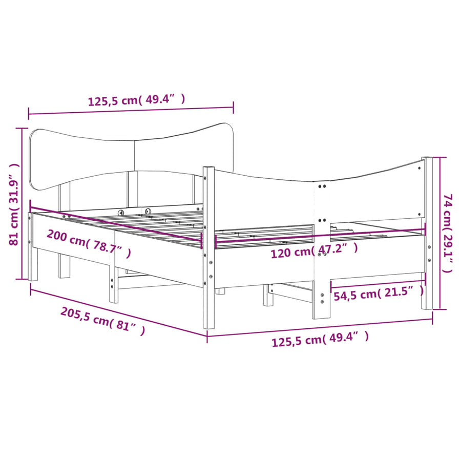 Bedframe met hoofdbord massief grenenhout wit 120x200 cm
