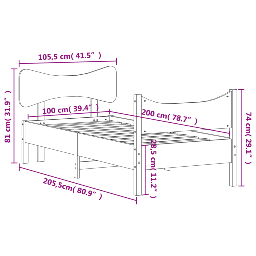 Bedframe met hoofdbord massief grenenhout wasbruin 100x200 cm
