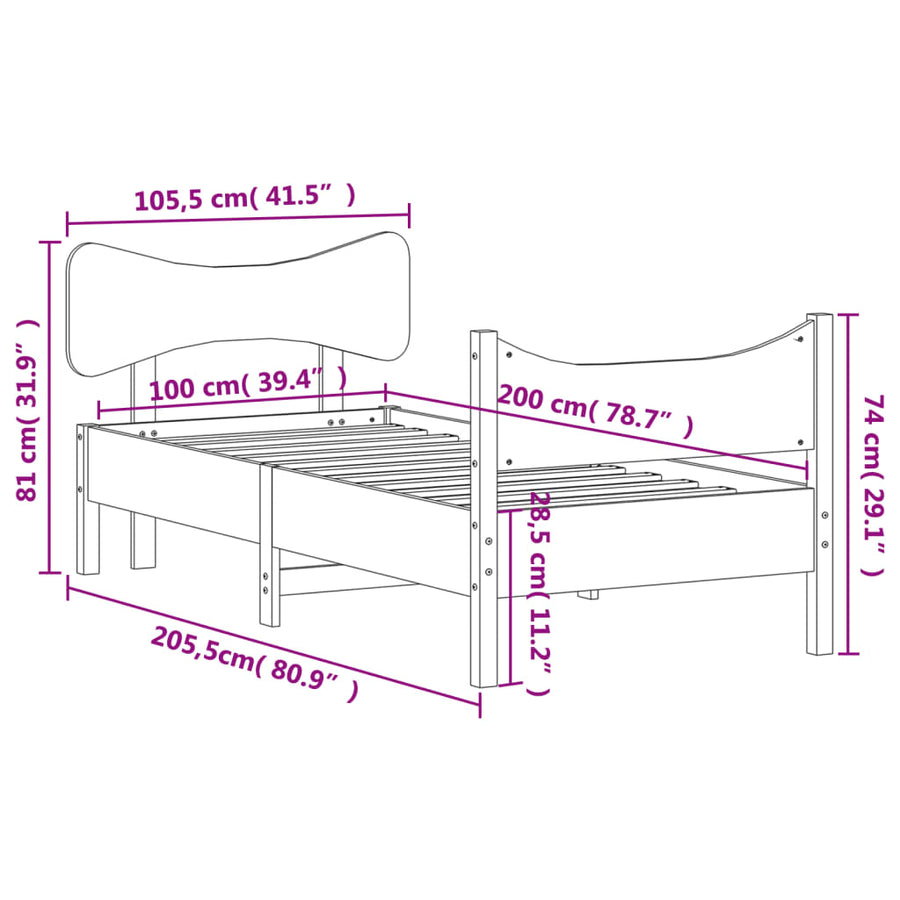 Bedframe met hoofdbord massief grenenhout wasbruin 100x200 cm