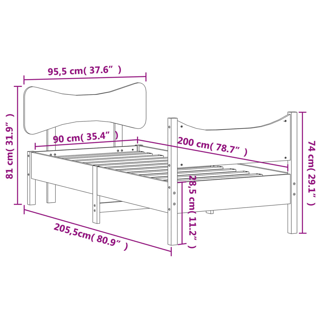 Bedframe Met Hoofdbord Massief Grenenhout 90X200 Cm