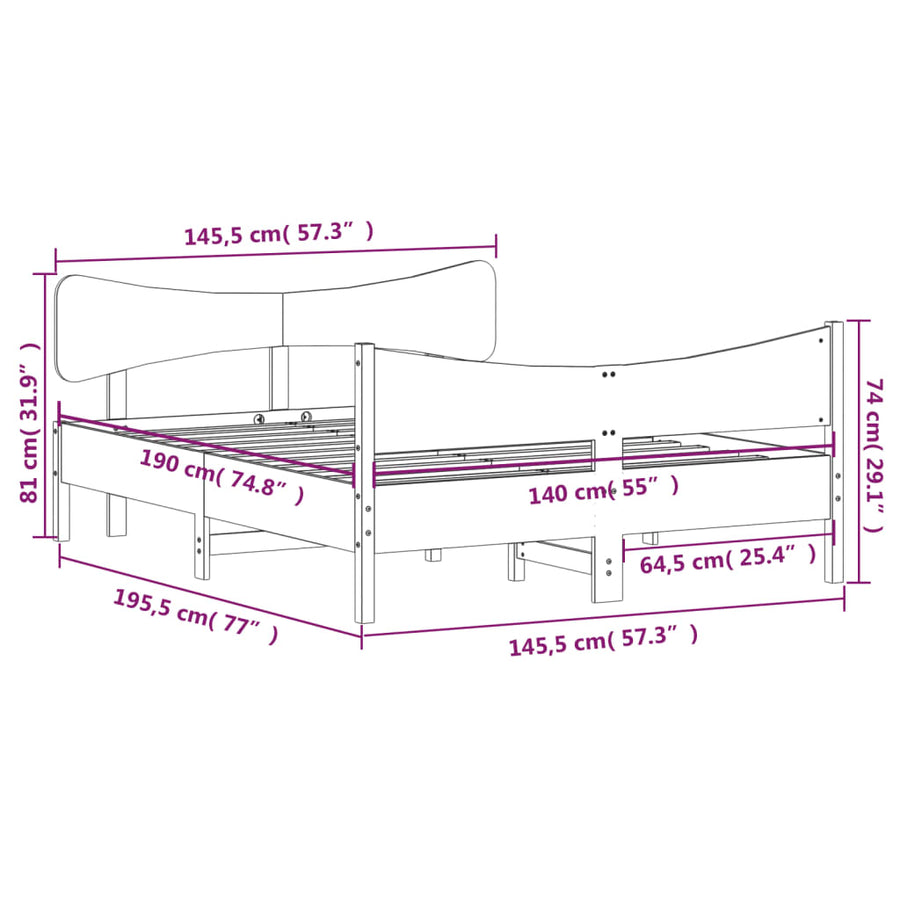 Bedframe met hoofdbord massief grenenhout wit 140x190 cm