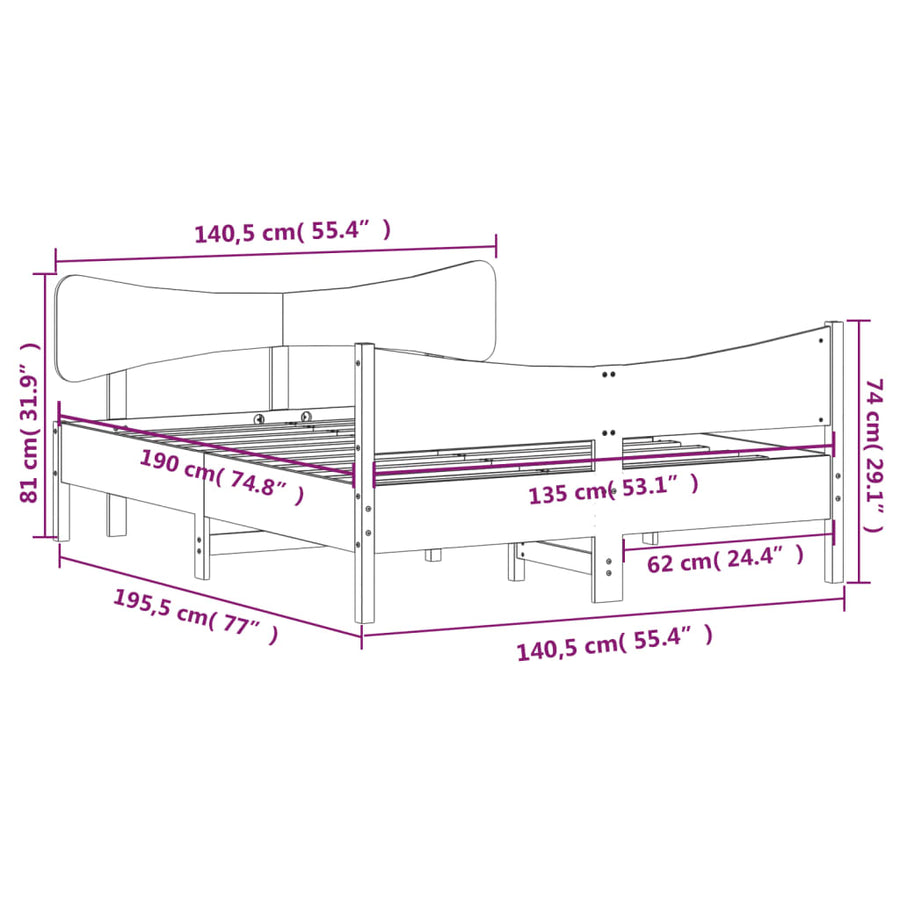 Bedframe Met Hoofdbord Massief Grenenhout 135X190 Cm