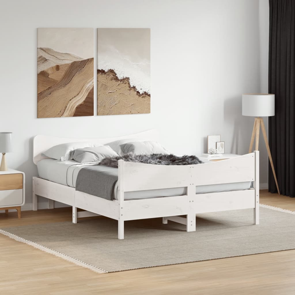 Bedframe met hoofdbord massief grenenhout wit 135x190 cm