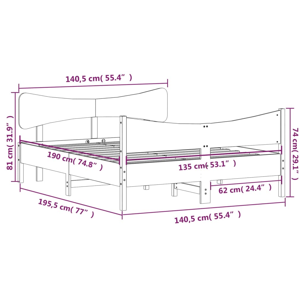 Bedframe met hoofdbord massief grenenhout wit 135x190 cm