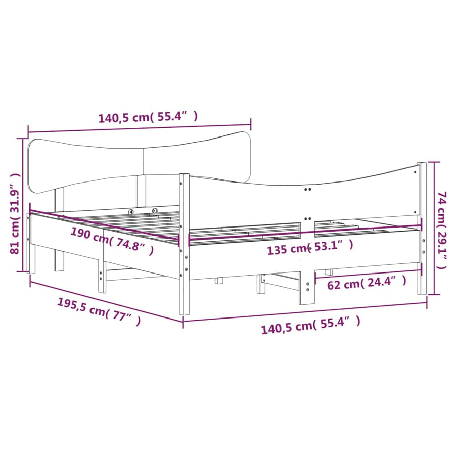 Bedframe met hoofdbord massief grenenhout wit 135x190 cm