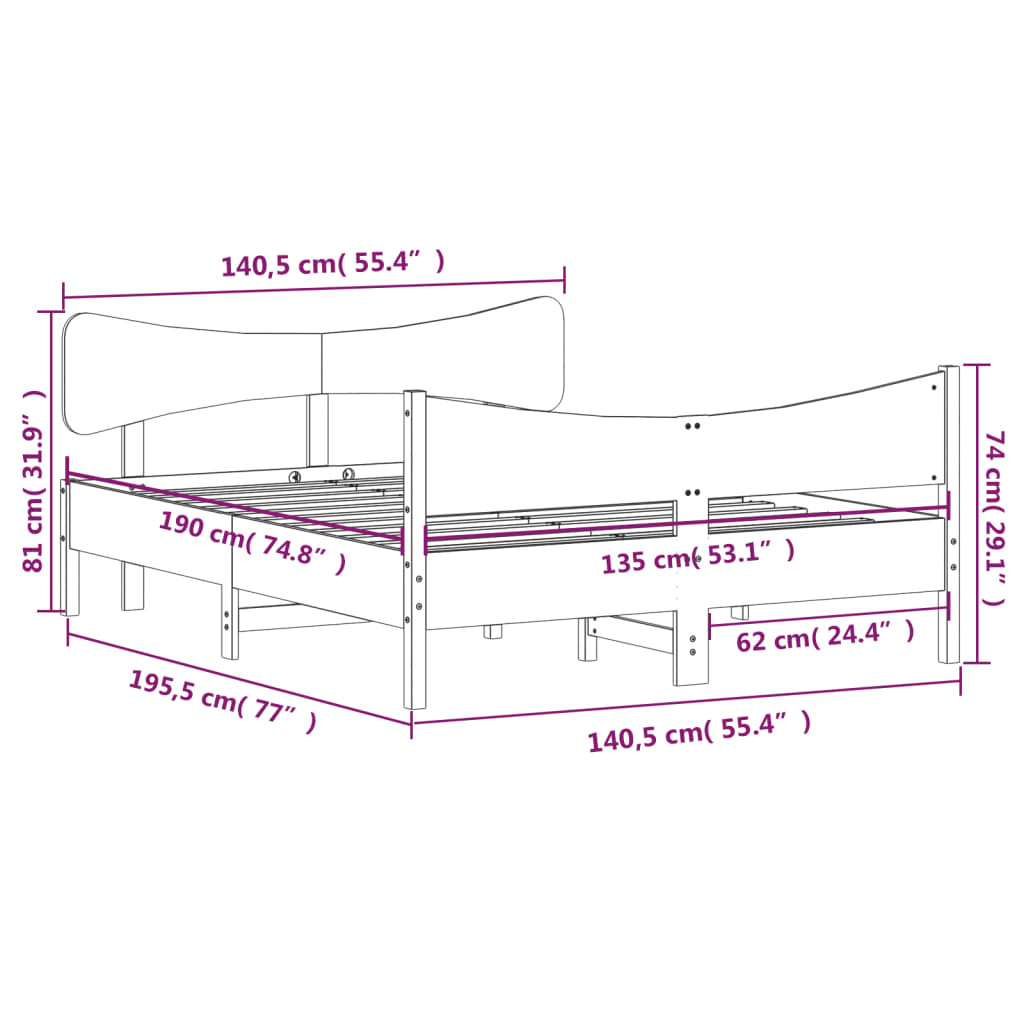 Bedframe met hoofdbord massief grenenhout wasbruin 135x190 cm