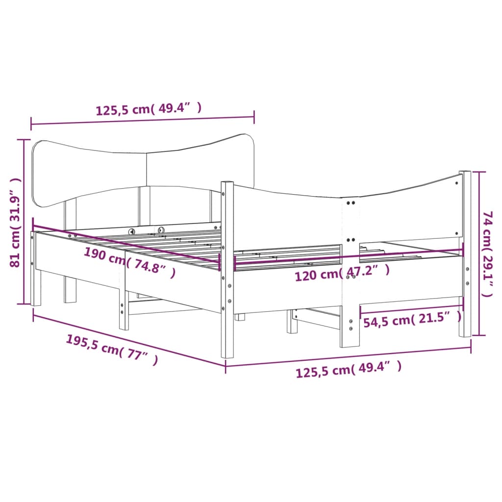 Bedframe met hoofdbord massief grenenhout wit 120x190 cm