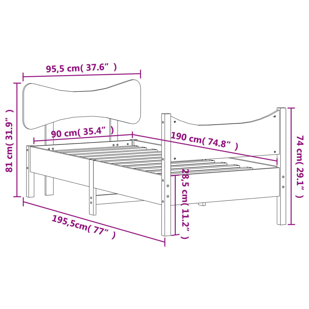 Bedframe met hoofdbord massief grenenhout wasbruin 90x190 cm