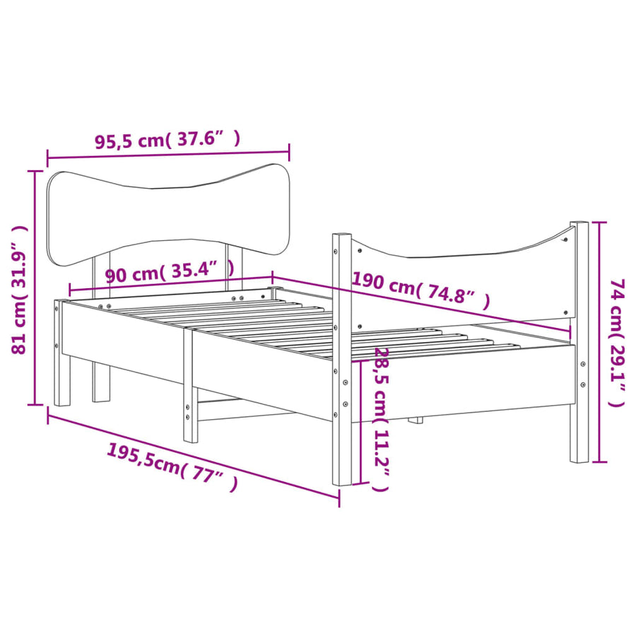 Bedframe met hoofdbord massief grenenhout wasbruin 90x190 cm