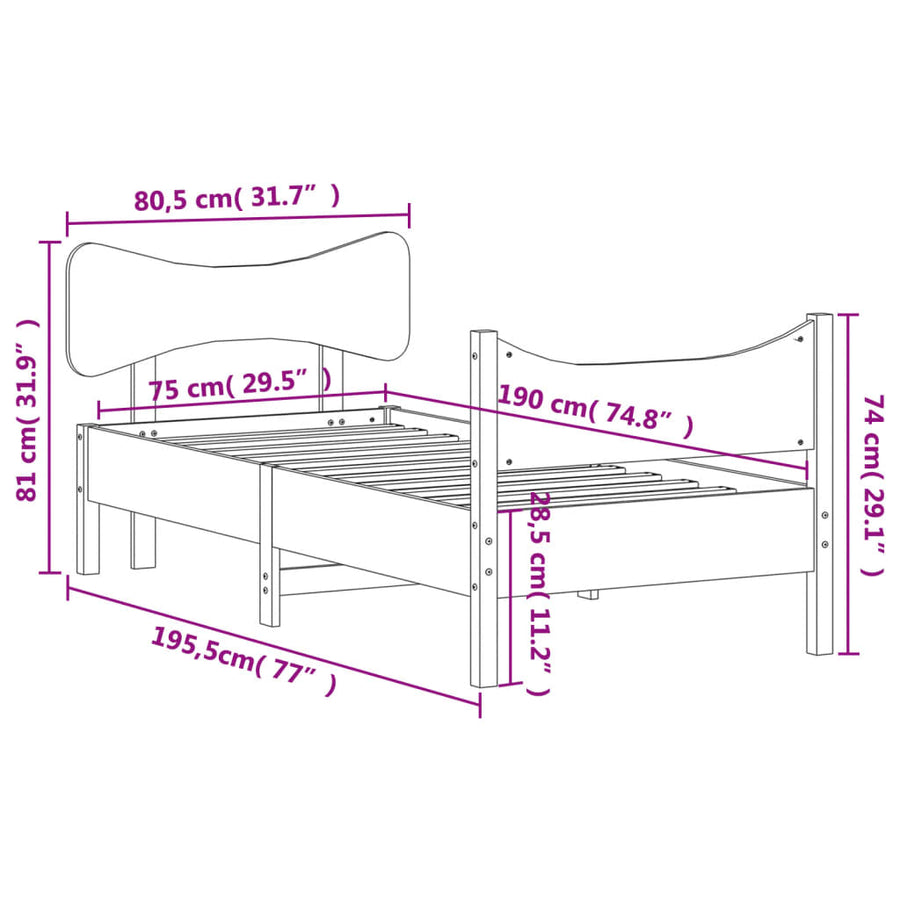 Bedframe Met Hoofdbord Massief Grenenhout 75X190 Cm