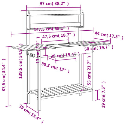 Oppottafel met spoelbak 147,5x44x139,5 cm vurenhout grijs