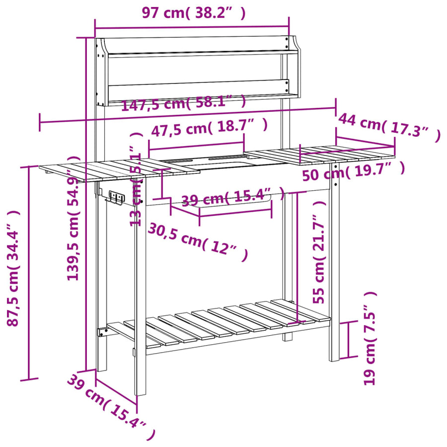 Oppottafel met spoelbak 147,5x44x139,5 cm vurenhout grijs