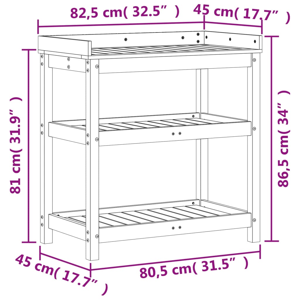 Oppottafel Met Schappen Cm Massief Grenenhout 82,5 x 45 x 86,5
