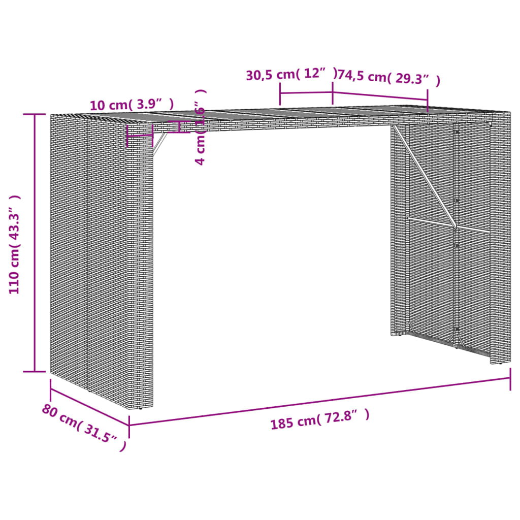 Tuintafel met acaciahouten blad 185x80x110 cm poly rattan grijs