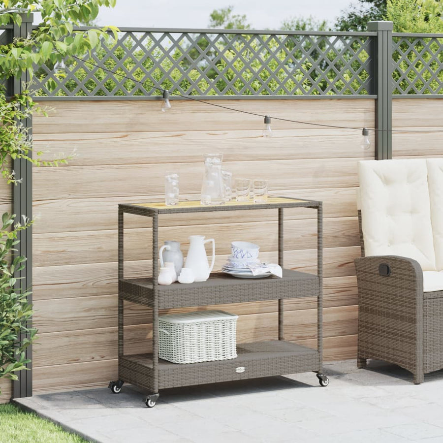 Keukentrolley 3-laags poly rattan en massief acaciahout grijs