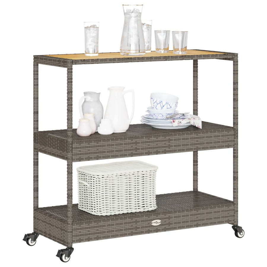 Keukentrolley 3-laags poly rattan en massief acaciahout grijs