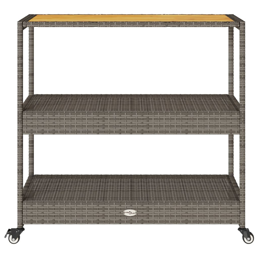 Keukentrolley 3-laags poly rattan en massief acaciahout grijs