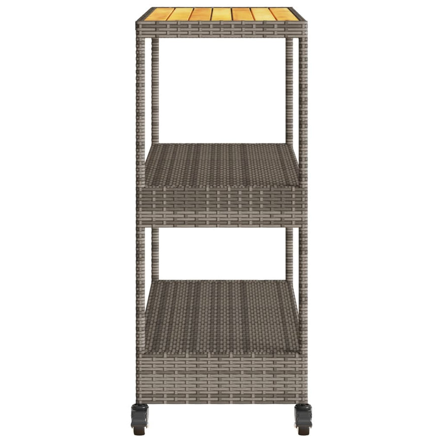 Keukentrolley 3-laags poly rattan en massief acaciahout grijs
