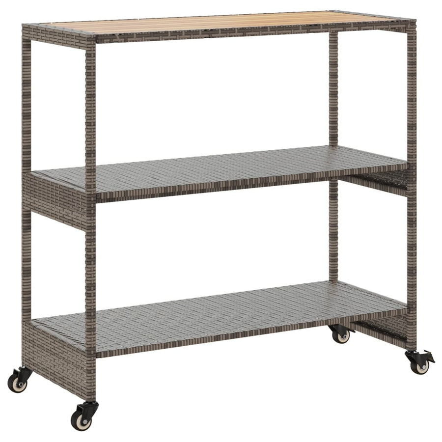 Keukentrolley 3-laags poly rattan en massief acaciahout grijs