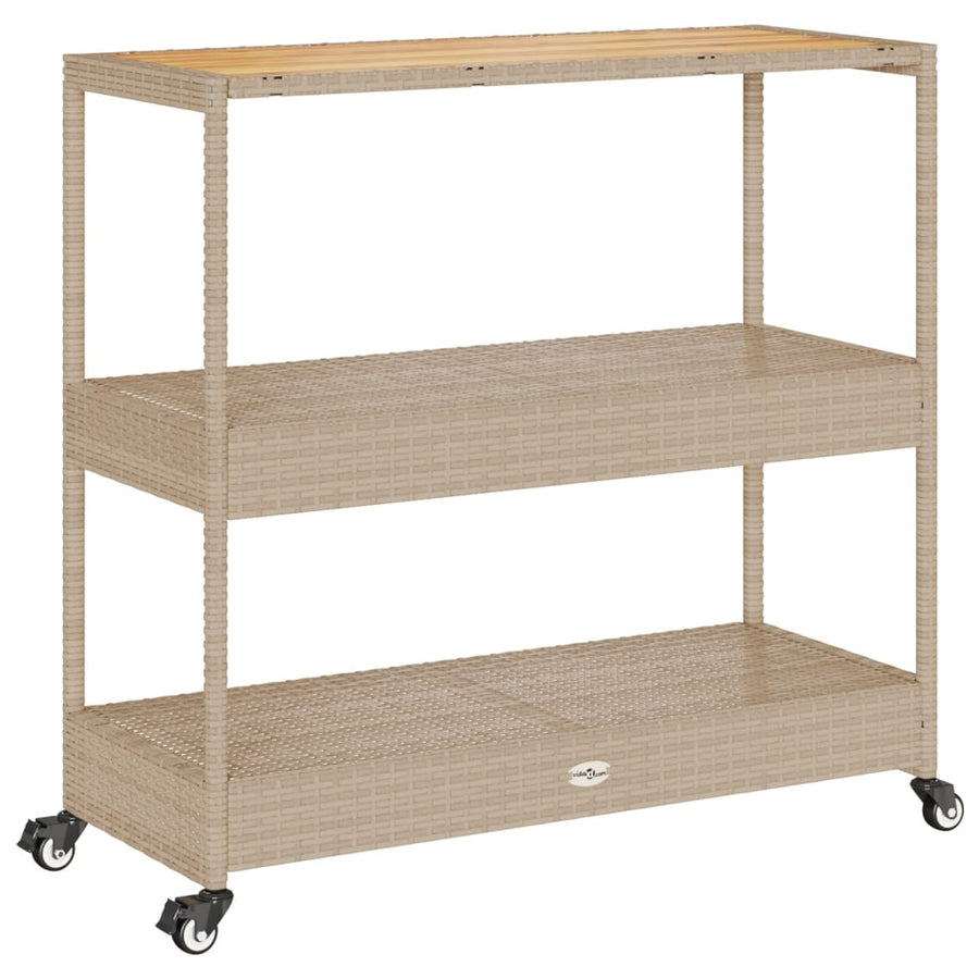 Keukentrolley 3-laags poly rattan en massief acaciahout beige