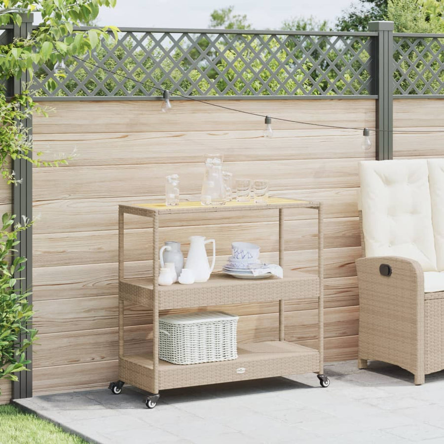 Keukentrolley 3-laags poly rattan en massief acaciahout beige