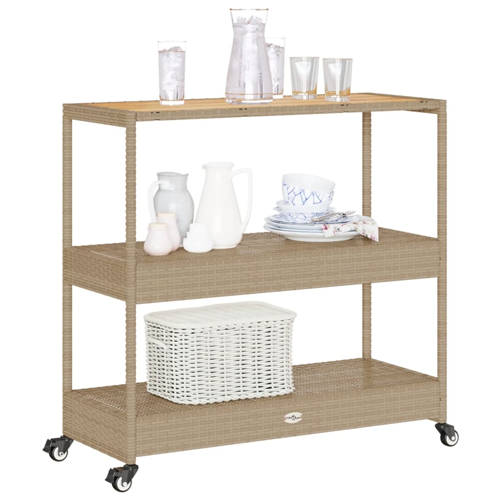 Keukentrolley 3-laags poly rattan en massief acaciahout beige