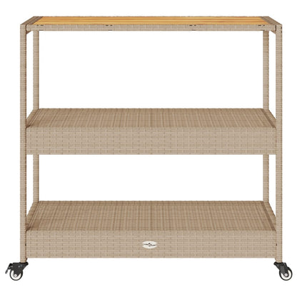 Keukentrolley 3-laags poly rattan en massief acaciahout beige
