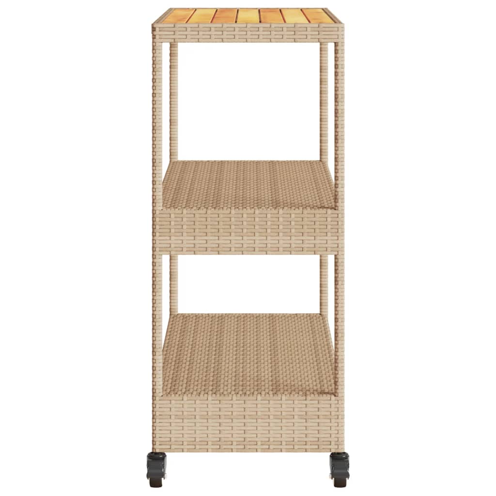 Keukentrolley 3-laags poly rattan en massief acaciahout beige
