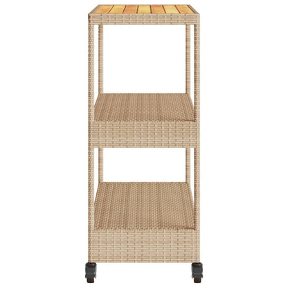 Keukentrolley 3-laags poly rattan en massief acaciahout beige