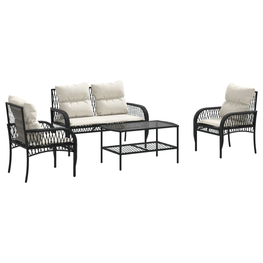 4-delige Loungeset met kussens poly rattan zwart