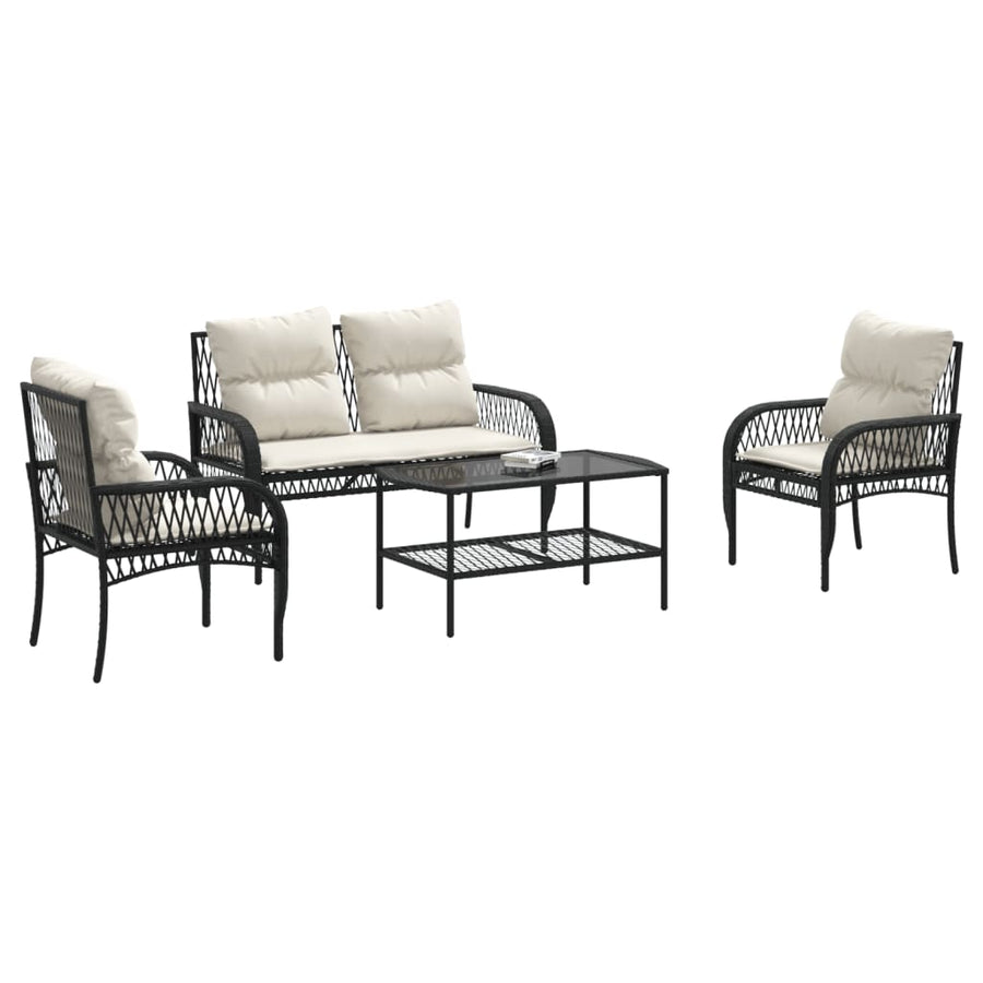 4-delige Loungeset met kussens poly rattan zwart