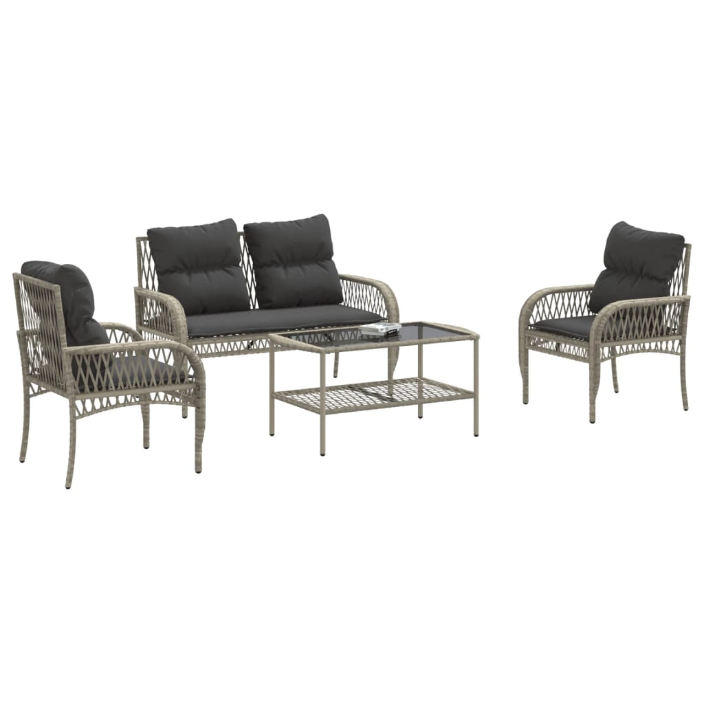 4-delige Loungeset met kussens poly rattan lichtgrijs