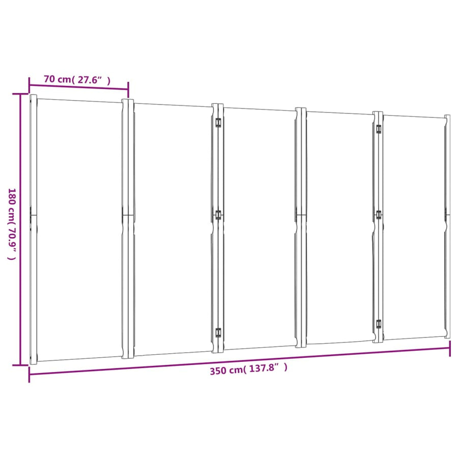 Kamerscherm met 5 panelen 350 x 180 cm Lichtgrijs