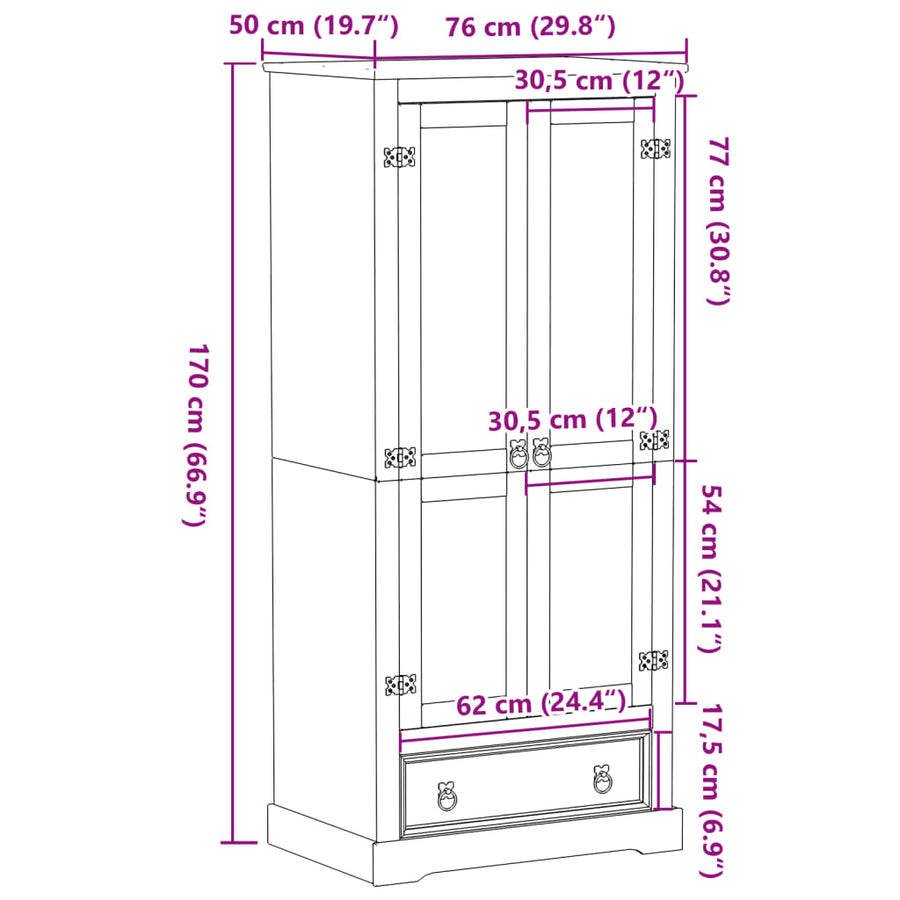 Kledingkast Corona 76x50x170 cm massief grenenhout