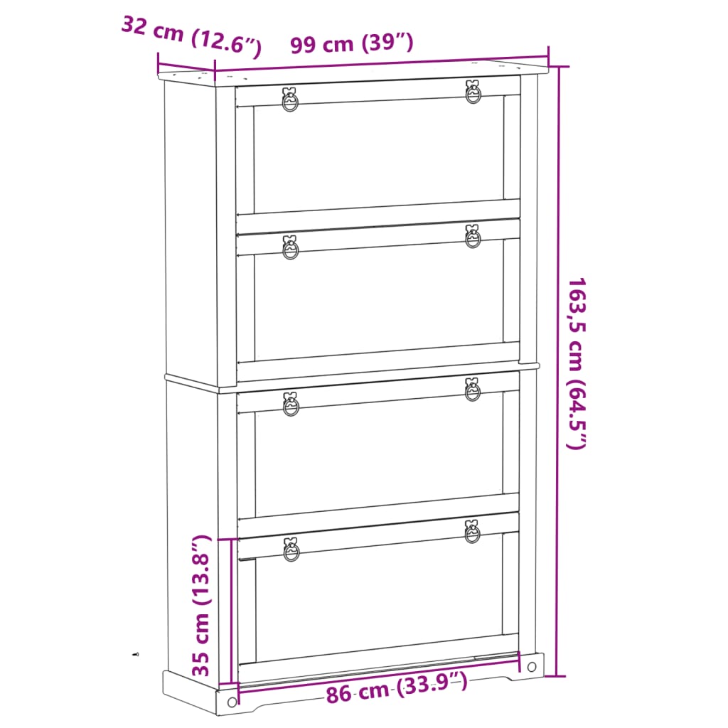 Schoenenkast Corona 99X32X163,5 Cm Massief Grenenhout Honingwas 163.5 cm