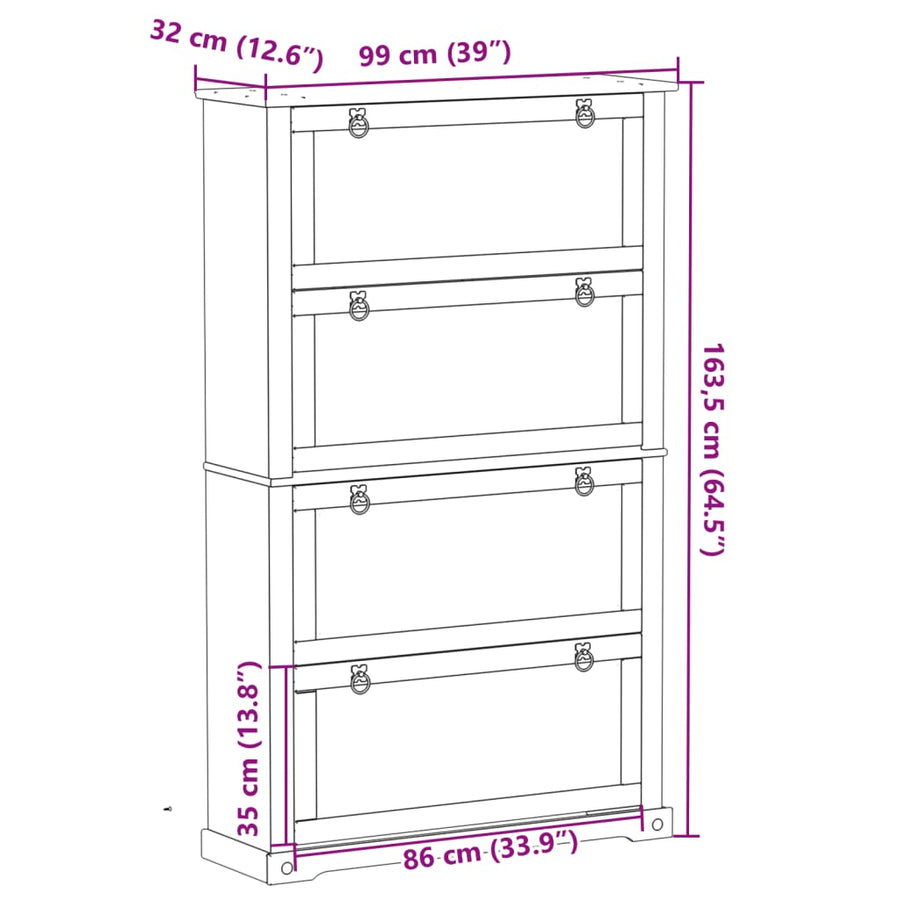 Schoenenkast Corona 99X32X163,5 Cm Massief Grenenhout Honingwas 163.5 cm
