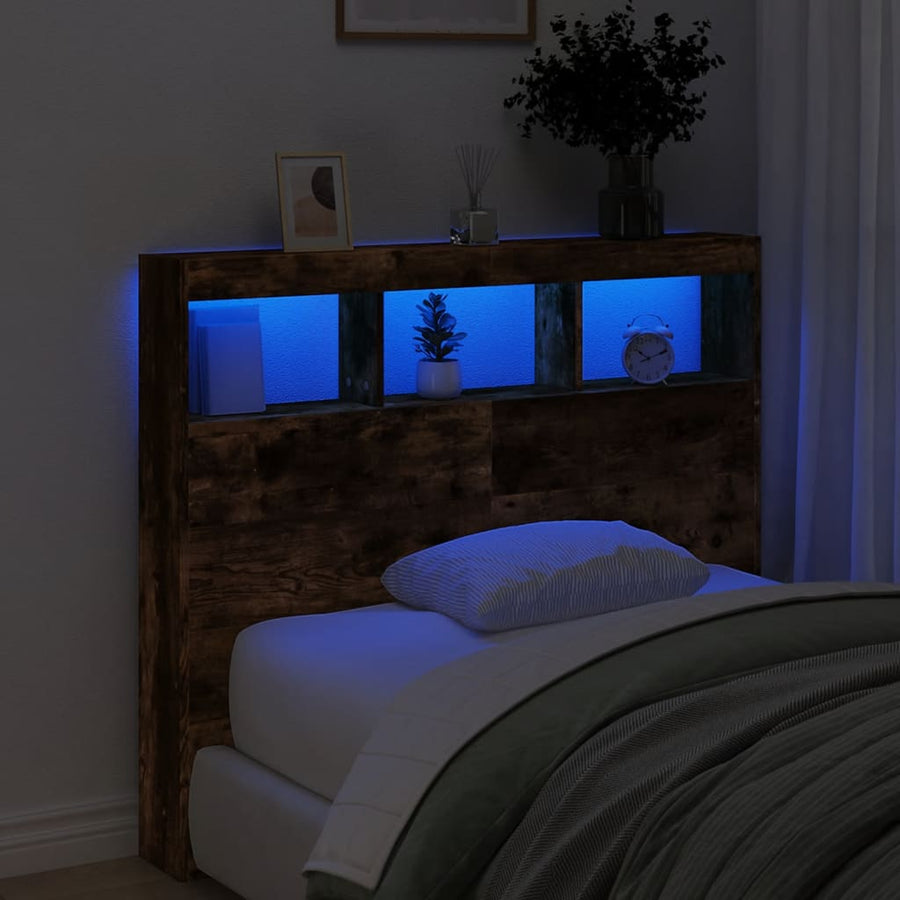 Hoofdbordkast met LED-verlichting 120x17x102 cm gerookt eiken