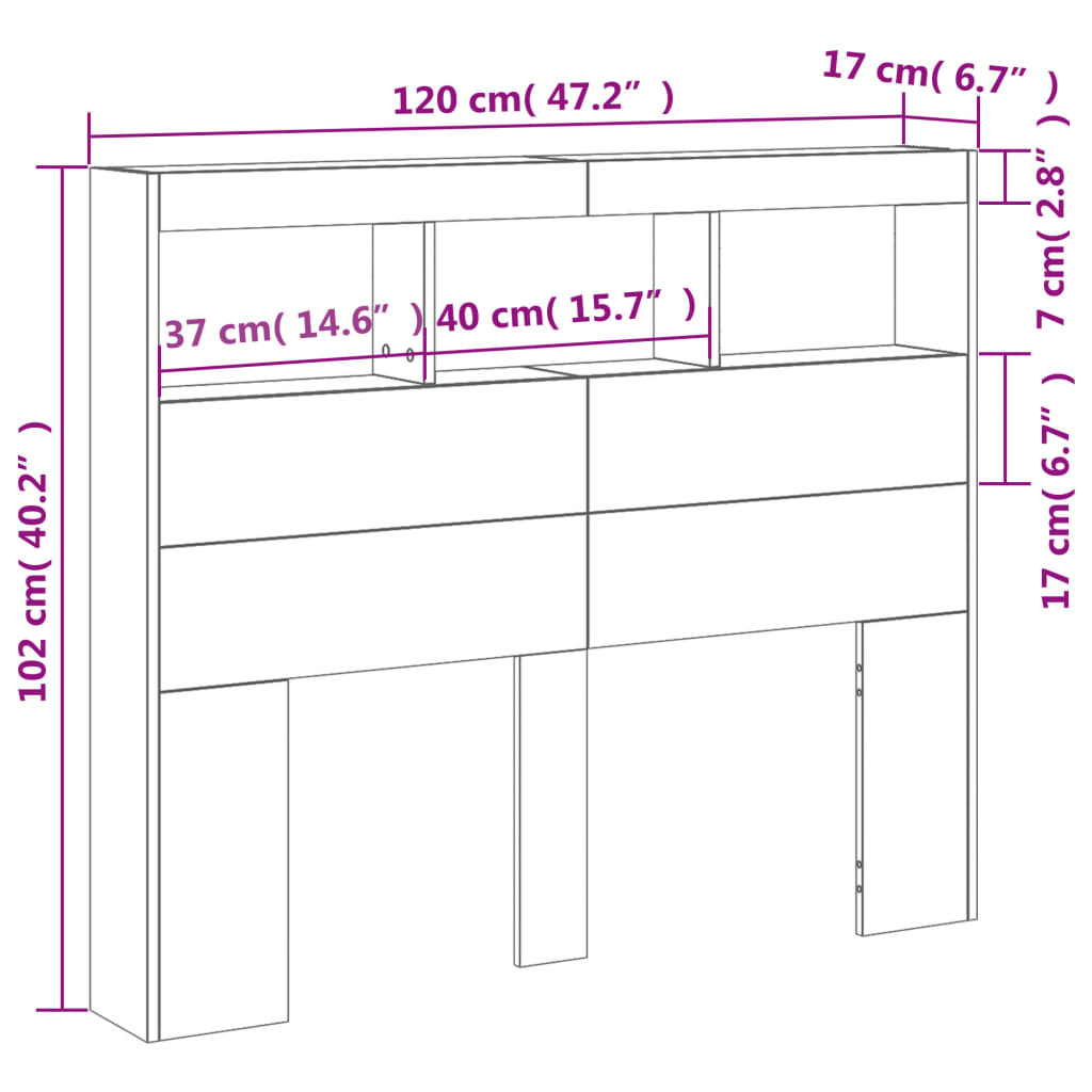 Hoofdbordkast met LED-verlichting 120x17x102 cm grijs sonoma