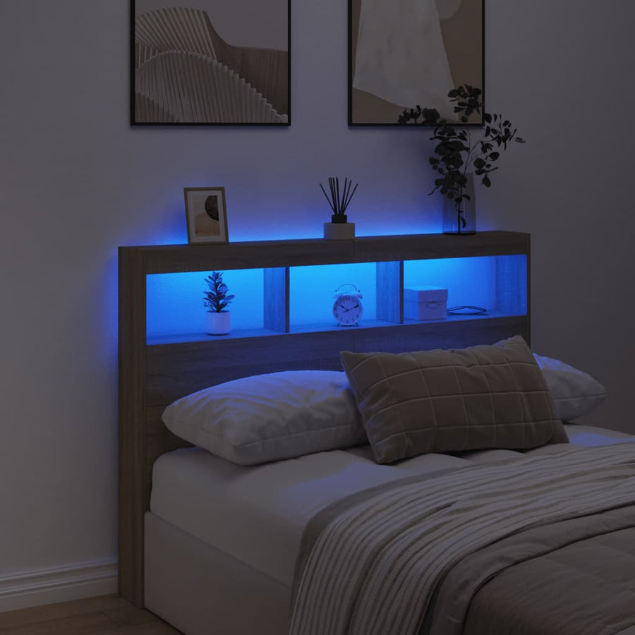 Hoofdbordkast met LED-verlichting 140x17x102 cm sonoma eiken