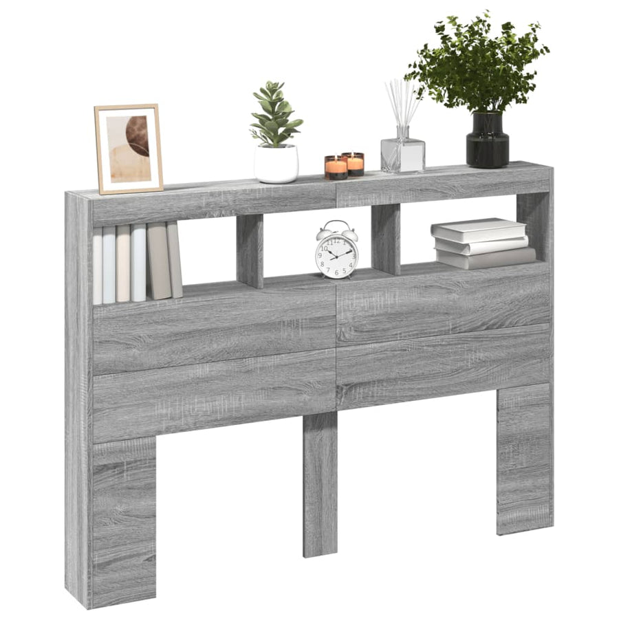 Hoofdbordkast met LED-verlichting 140x17x102 cm grijs sonoma
