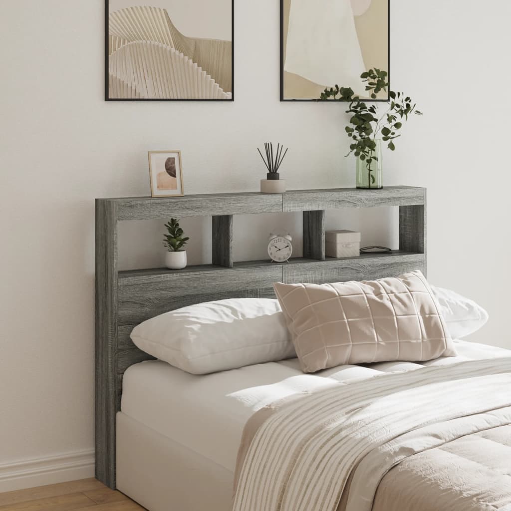 Hoofdbordkast met LED-verlichting 140x17x102 cm grijs sonoma