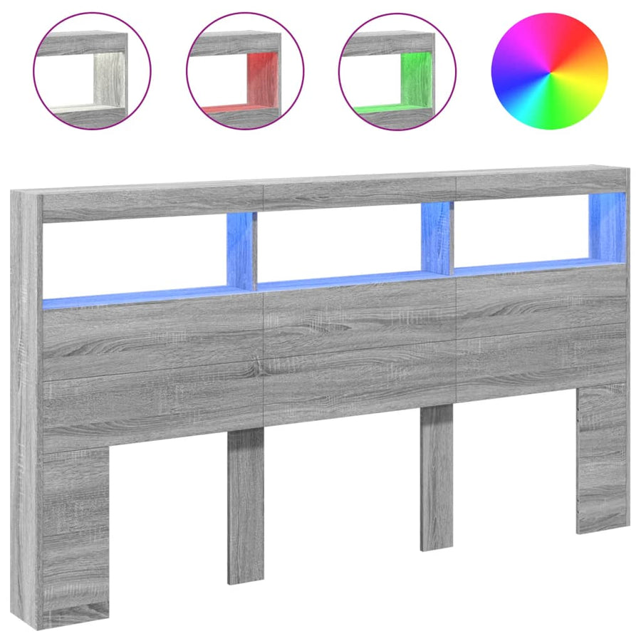 Hoofdbordkast met LED-verlichting 180x17x102 cm grijs sonoma