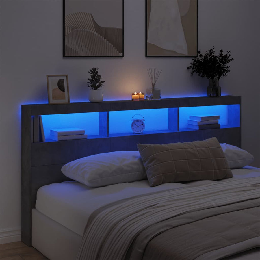 Hoofdbordkast met LED-verlichting 200x17x102 cm betongrijs