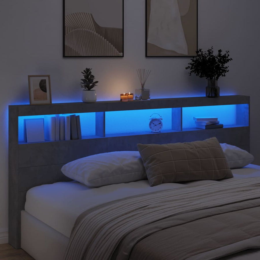 Hoofdbordkast met LED-verlichting 220x17x102 cm betongrijs