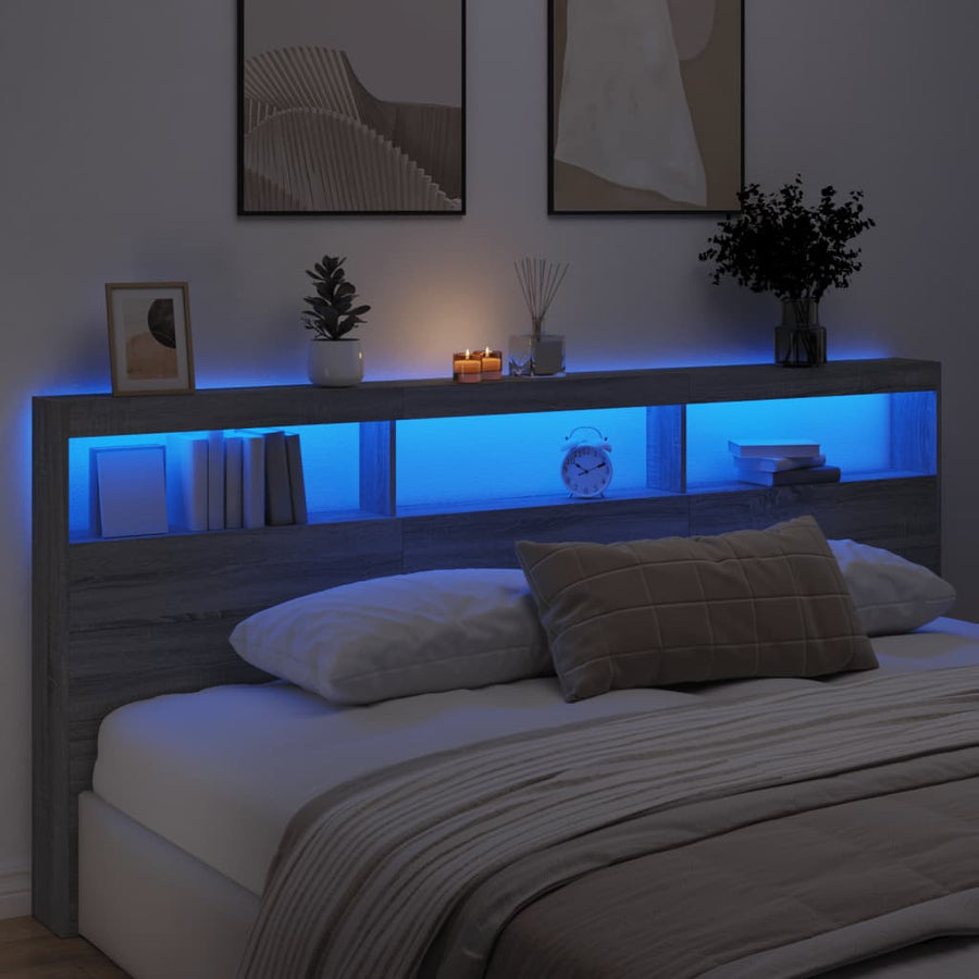 Hoofdbordkast met LED-verlichting 220x17x102 cm grijs sonoma
