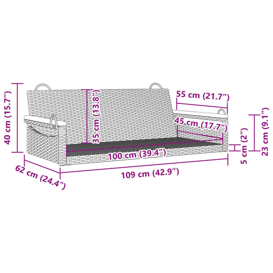Schommelbank 109x62x40 cm poly rattan zwart