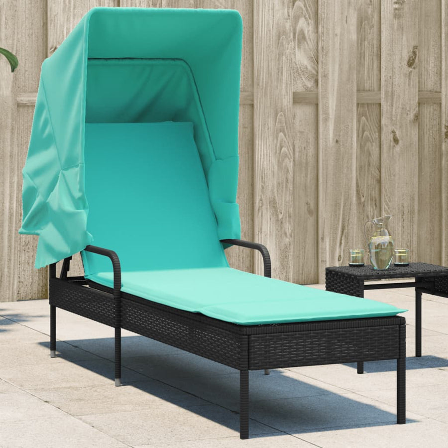 Ligstoel met luifel zwart poly rattan