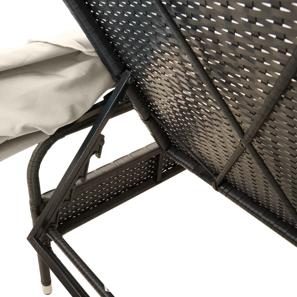Ligbed met luifel en tafel poly rattan zwart