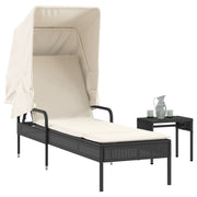 Ligbed poly rattan zwart met luifel en tafel