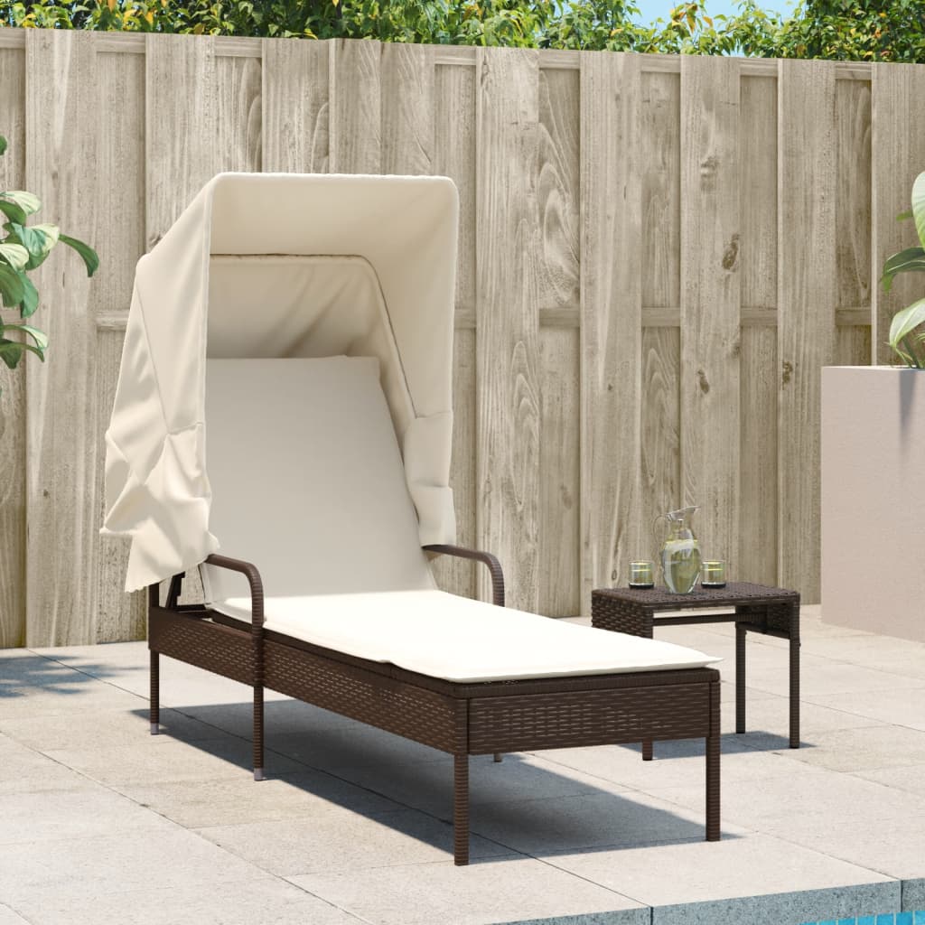 Ligbed met luifel en tafel poly rattan bruin